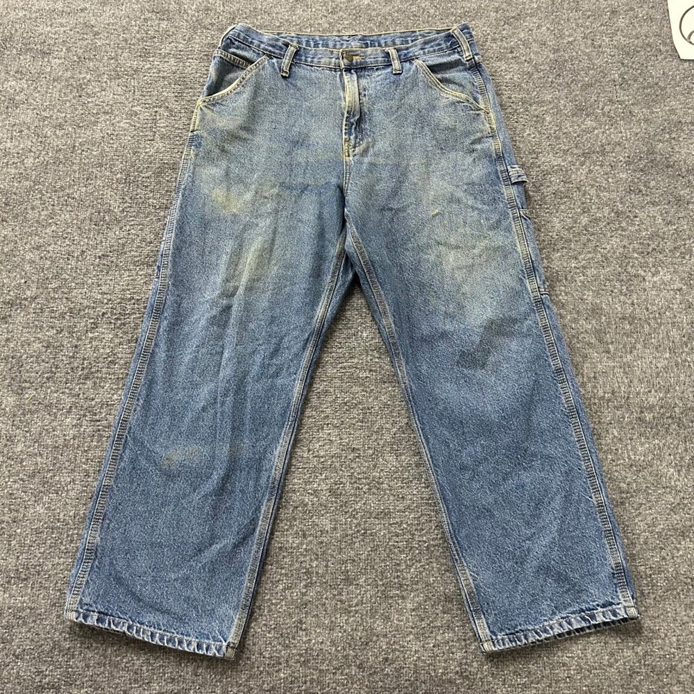 Stalwart Carpenter Jeans Mens Size 34x29 Blue Denim Utility Relaxed Fit Stained